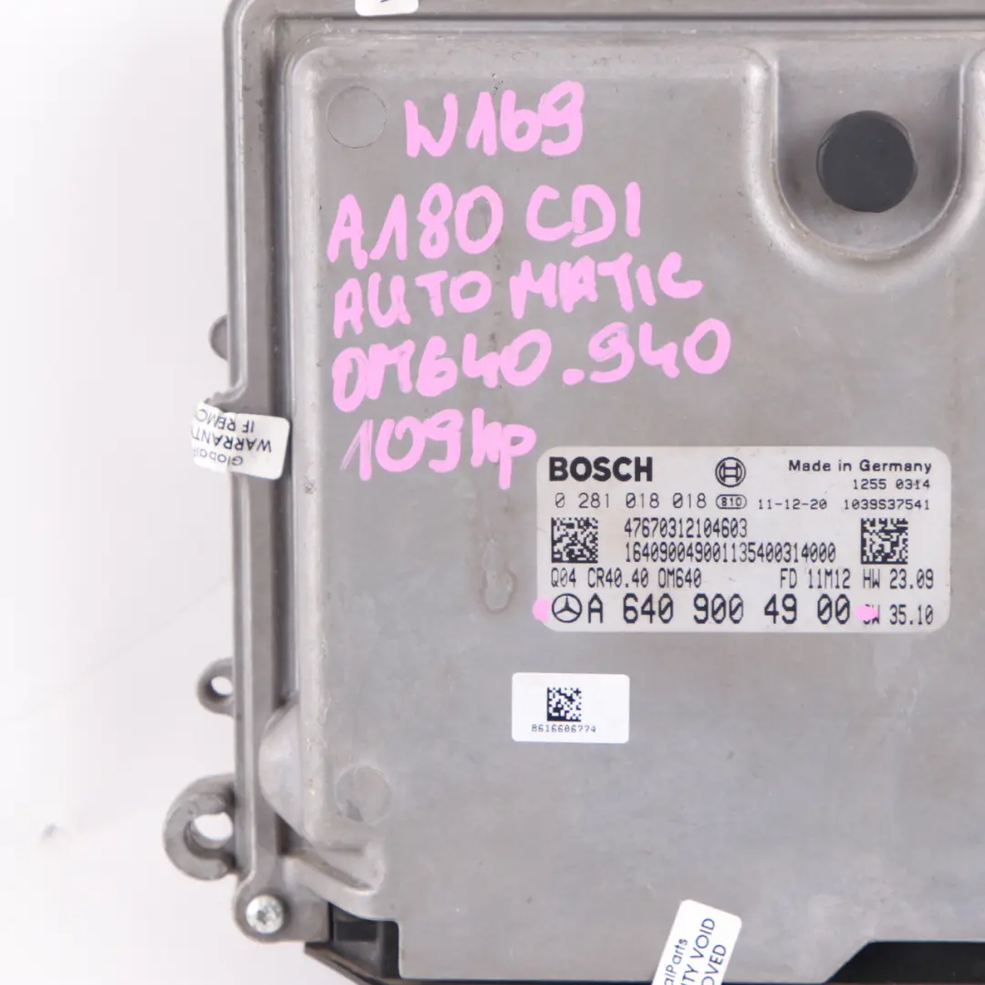 A180 CDI OM640.940 109HP Engine Control Unit ECU to Mercedes W169 with Part number A6409004900 Mercedes W169 A180 CDI OM640.940 109HP Engine Control Unit ECU - SKU A6409004900 - Part number A6409004900
