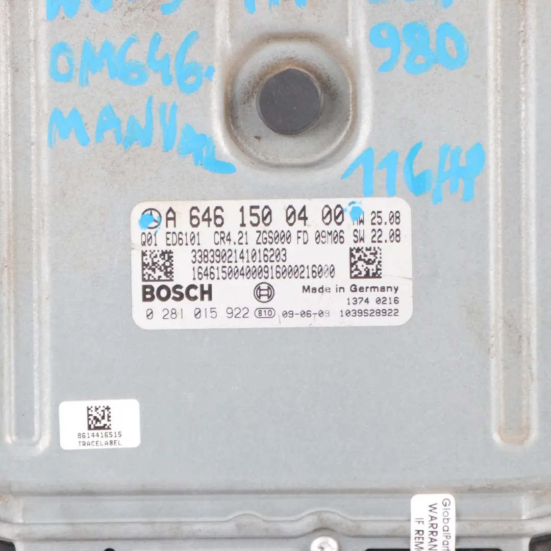 OM646.980 111 CDI 116HP Moteur ECU Manuel pour Mercedes Vito W639 à propos du numéro de pièce A6461500400 Mercedes Vito W639 OM646.980 111 CDI 116HP Moteur ECU Manuel - SKU A6461500400 - Numéro de pièce A6461500400