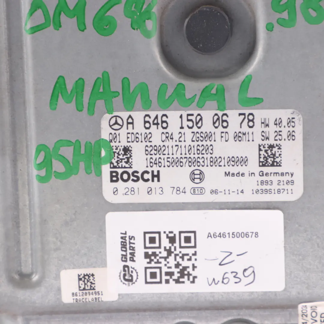 646.981 95HP Engine Unit ECU Manual to Mercedes Vito W639 109 CDI with Part number A6461500678 Mercedes Vito W639 109 CDI 646.981 95HP Engine Unit ECU Manual - SKU A6461500678 - Part number A6461500678