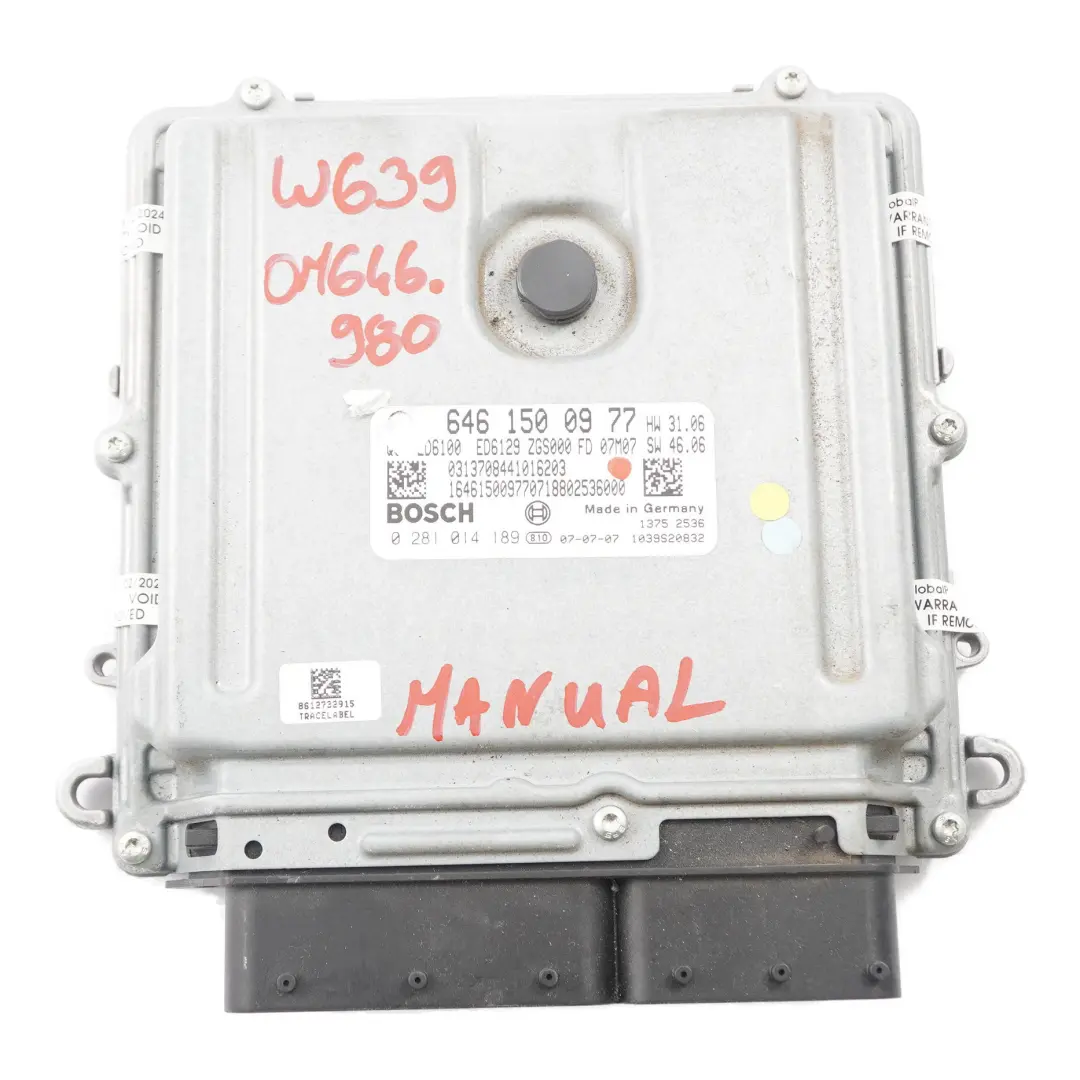 OM646.980 Motor ECU Unidad Control Módulo Manual para Mercedes Vito W639 con número de pieza A6461500977 Mercedes Vito W639 OM646.980 Motor ECU Unidad Control Módulo Manual - SKU A6461500977 - Número de pieza A6461500977