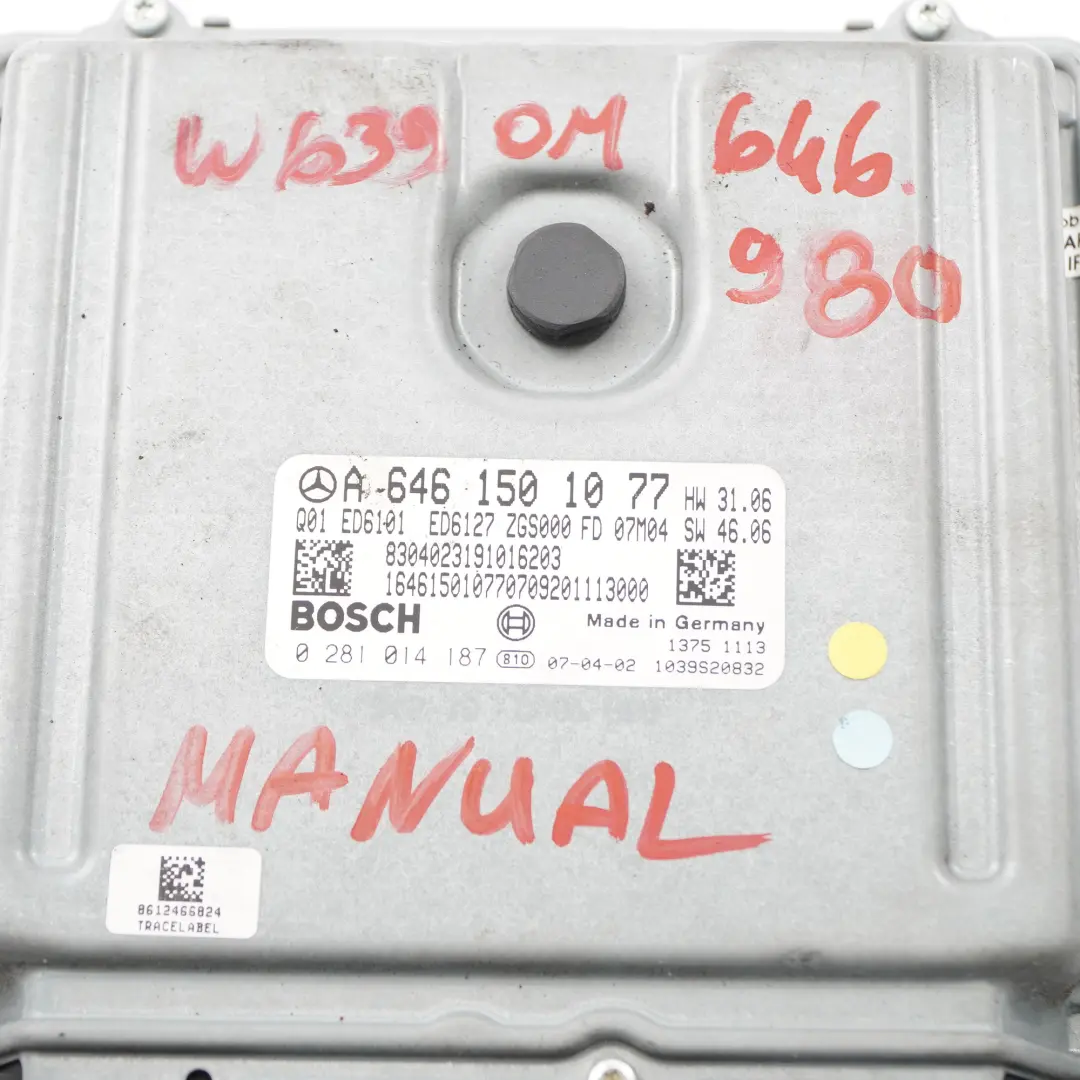 OM646.980 Motor ECU Unidad Control Módulo Manual para Mercedes Vito W639 con número de pieza A6461501077 Mercedes Vito W639 OM646.980 Motor ECU Unidad Control Módulo Manual - SKU A6461501077 - Número de pieza A6461501077