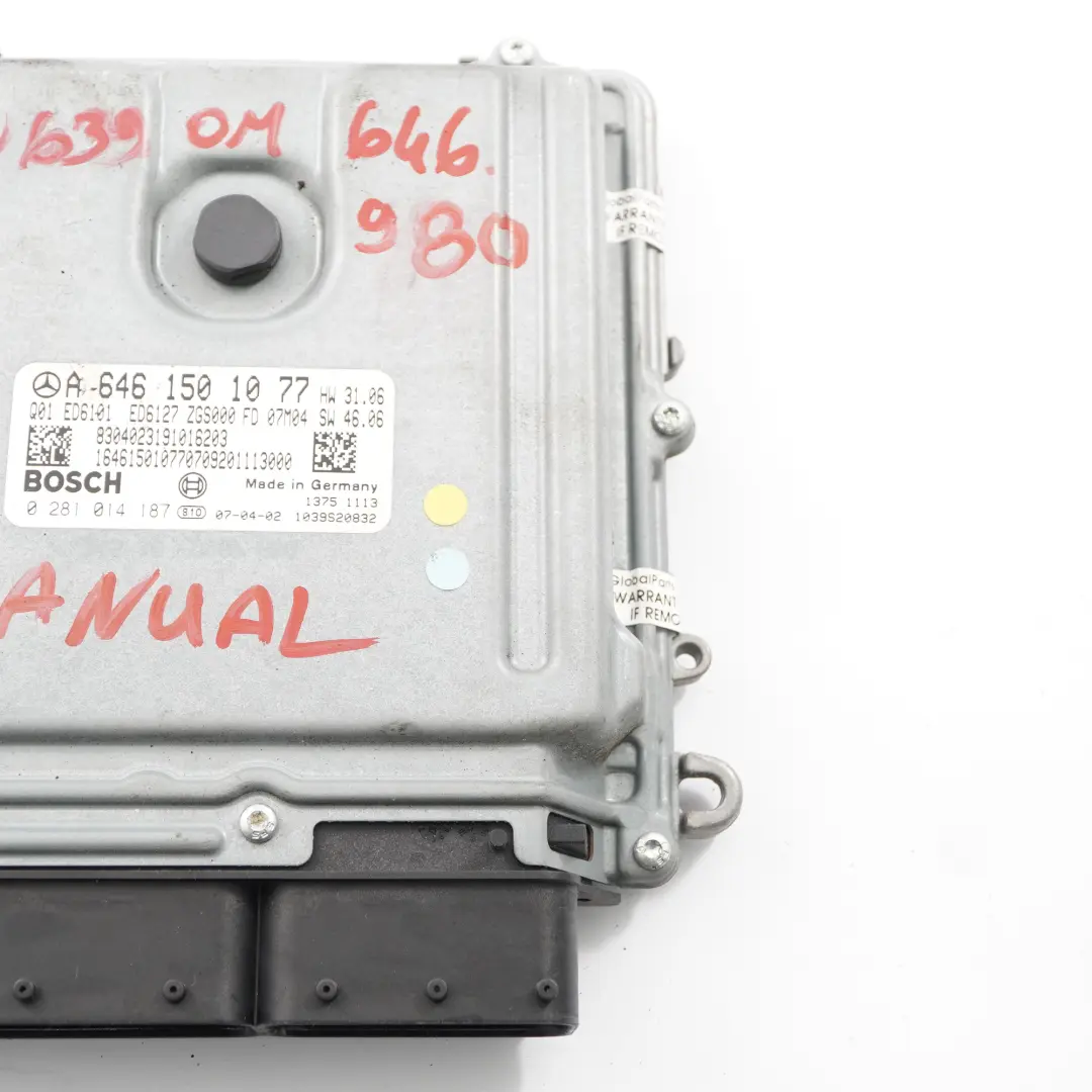 OM646.980 Motor ECU Unidad Control Módulo Manual para Mercedes Vito W639 con número de pieza A6461501077 Mercedes Vito W639 OM646.980 Motor ECU Unidad Control Módulo Manual - SKU A6461501077 - Número de pieza A6461501077