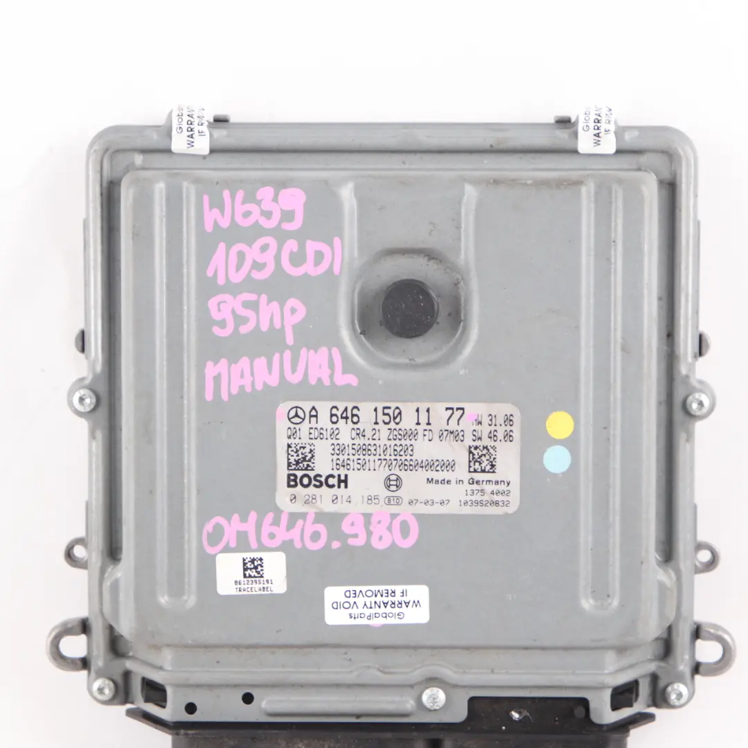 OM646.980 95HP Engine Control Unit ECU to Mercedes W639 109 CDI with Part number A6461501177 Mercedes W639 109 CDI OM646.980 95HP Engine Control Unit ECU - SKU A6461501177 - Part number A6461501177