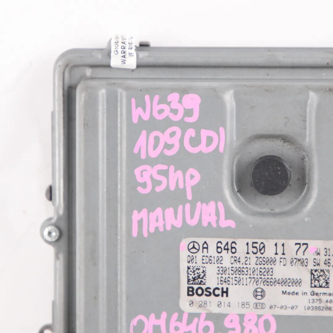 OM646.980 95HP Engine Control Unit ECU to Mercedes W639 109 CDI with Part number A6461501177 Mercedes W639 109 CDI OM646.980 95HP Engine Control Unit ECU - SKU A6461501177 - Part number A6461501177