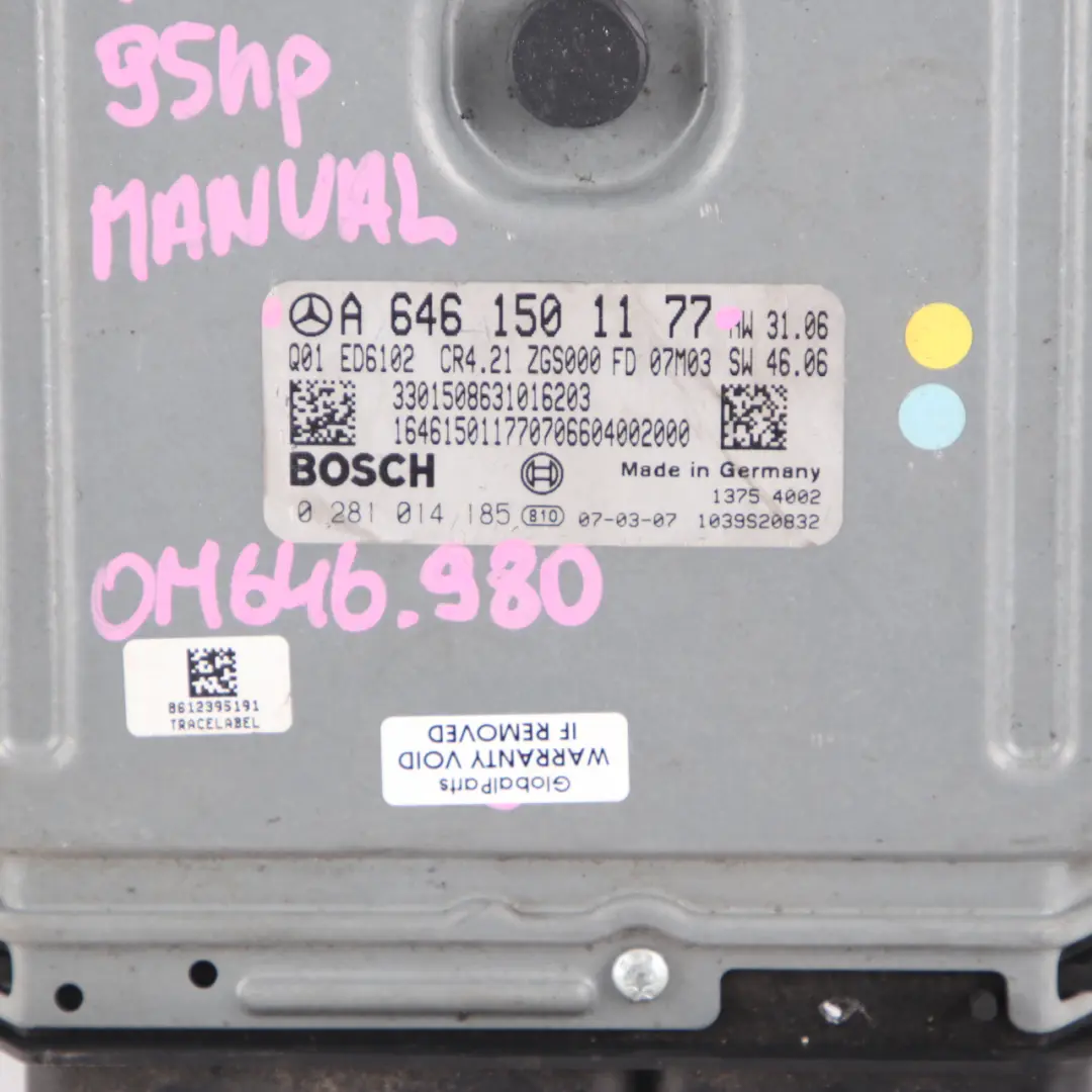 OM646.980 95HP Engine Control Unit ECU to Mercedes W639 109 CDI with Part number A6461501177 Mercedes W639 109 CDI OM646.980 95HP Engine Control Unit ECU - SKU A6461501177 - Part number A6461501177