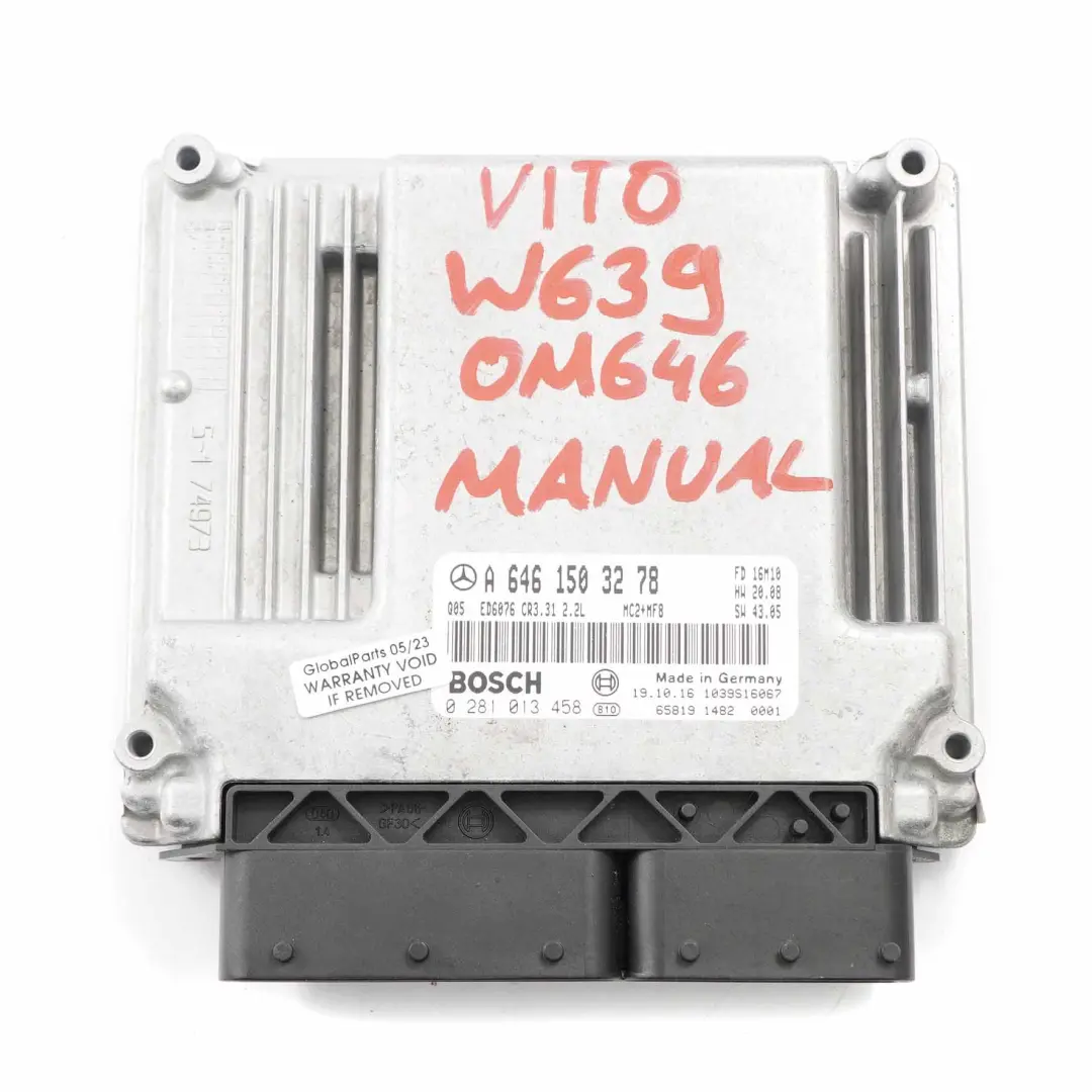 OM646.982 109HP Module moteur Unité ECU Manuel pour Mercedes Vito W639 à propos du numéro de pièce A6461503278 Mercedes Vito W639 OM646.982 109HP Module moteur Unité ECU Manuel - SKU A6461503278 - Numéro de pièce A6461503278