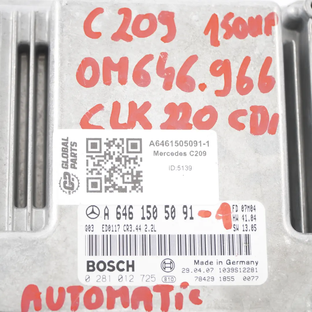 CLK220 CDI 646.966 Motor ECU Kit Llaves Cerradura para Mercedes C209 con número de pieza A6461505091 Mercedes C209 CLK220 CDI 646.966 Motor ECU Kit Llaves Cerradura - SKU A6461505091-1 - Número de pieza A6461505091