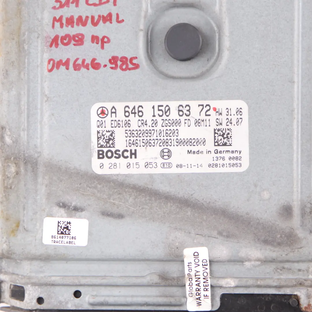 109HP OM646.985 Dieselmotor Steuergerät ECU für Mercedes W906 311 CDI mit Teilenummer A6461506372 Mercedes W906 311 CDI 109HP OM646.985 Dieselmotor Steuergerät ECU - SKU A6461506372 - Teilenummer A6461506372