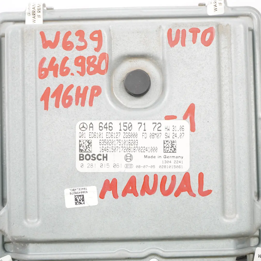 Mercedes W639 Vito OM646.980 116HP Module Moteur Kit ECU Serrure clé - SKU A6461507172-1 - Numéro de pièce A6461507172