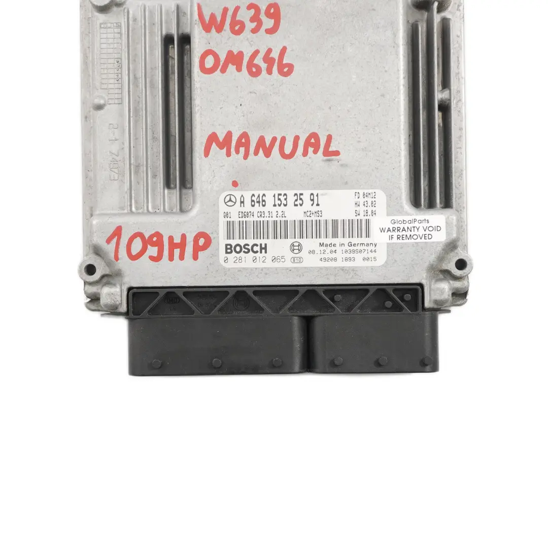 OM646 Motor Módulo Unidad ECU Manual para Mercedes W639 Vito 111 CDI con número de pieza A6461532591 Mercedes W639 Vito 111 CDI OM646 Motor Módulo Unidad ECU Manual - SKU A6461532591 - Número de pieza A6461532591