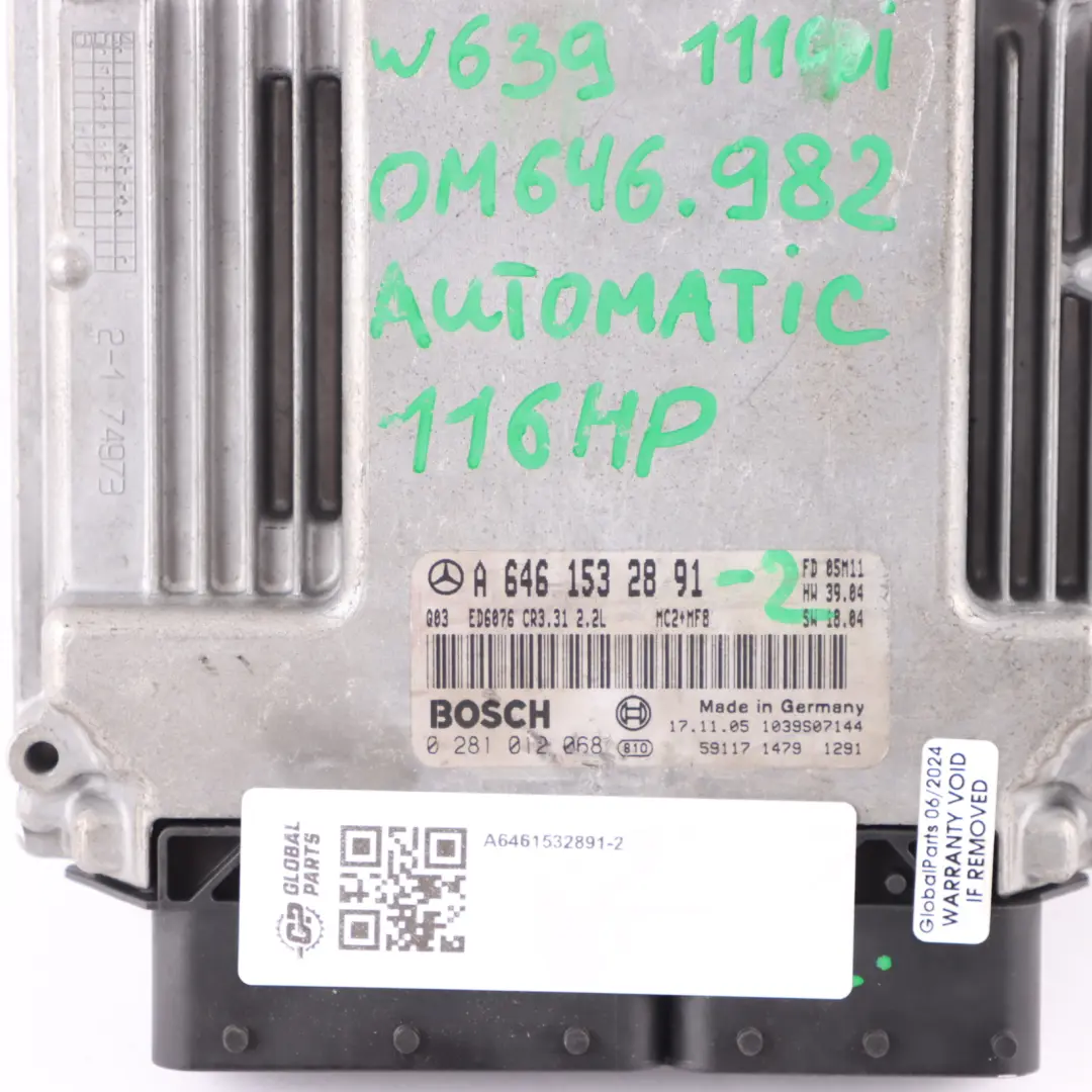 Mercedes Vito W639 111 CDI 646.982 116HP Engine ECU Kit Key Lock - SKU A6461532891-2 - Part number A6461532891