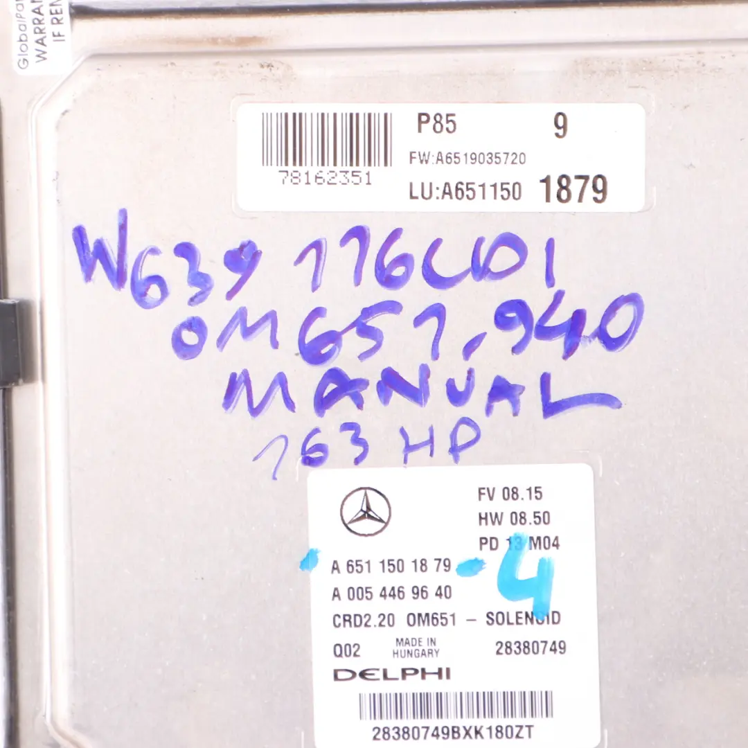 651.940 116 CDI 163HP Engine Module ECU Manual to Mercedes Vito W639 with Part number A6511501879 Mercedes Vito W639 651.940 116 CDI 163HP Engine Module ECU Manual - SKU A6511501879-4 - Part number A6511501879