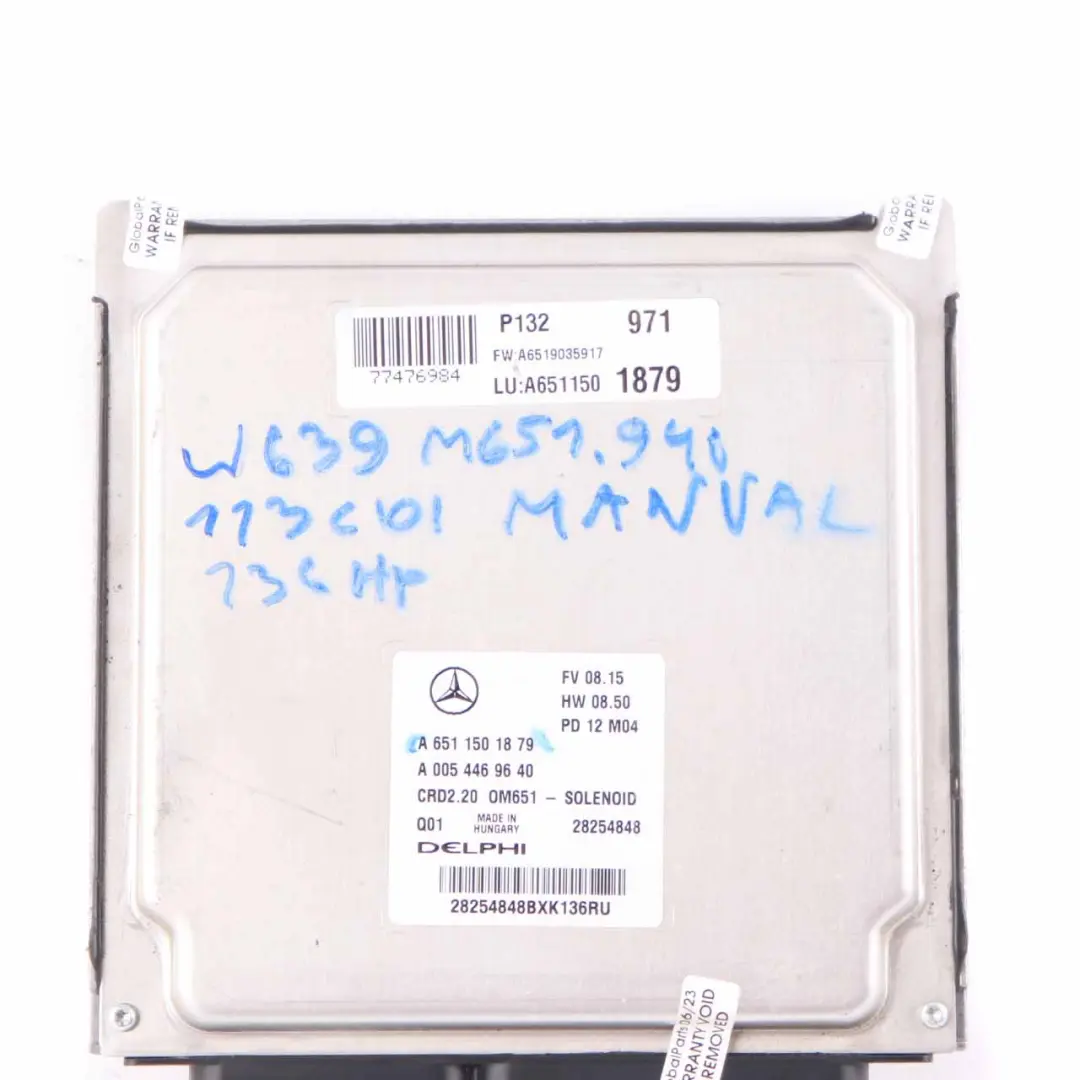 Mercedes W639 OM651.940 113 CDI 136HP Modulo Unità Motore ECU Manual - SKU A6511501879 - Numero di parte A6511501879