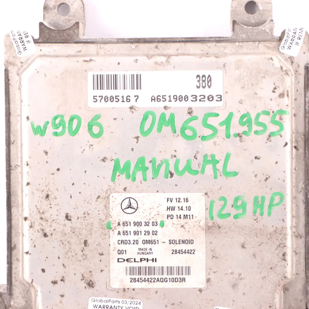 Mercedes W906 313 CDI OM651.955 129HP Diesel Engine ECU Manual - SKU A6519003203 - Part number A6519003203