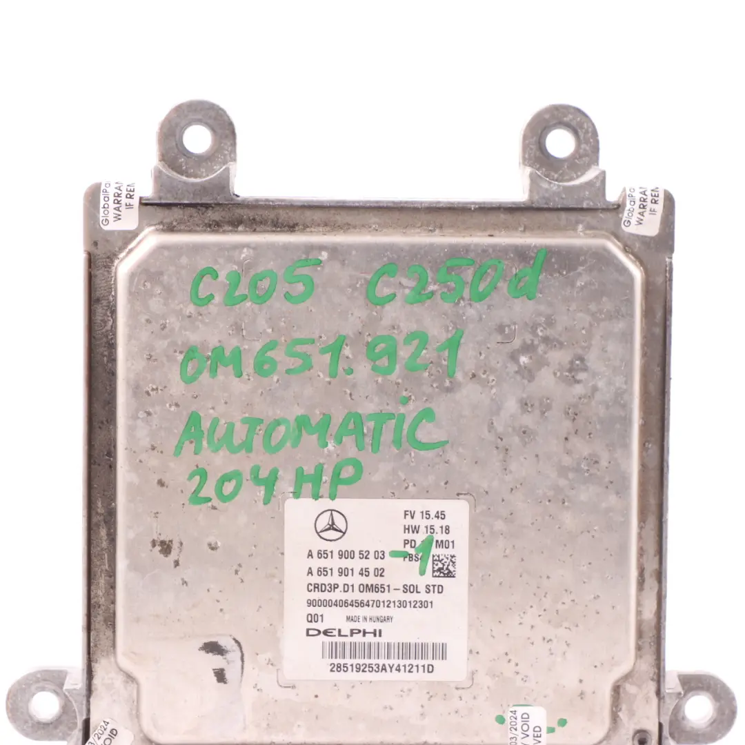  ECU Mercedes C205 C250d Diesel OM651.921 204HP Engine Control Unit Automatic - SKU A6519005203-1 - Part number A6519005203