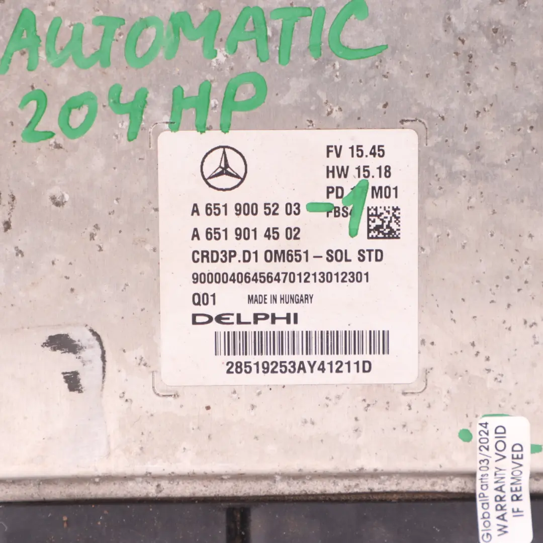  ECU Mercedes C205 C250d Diesel OM651.921 204HP Moduł Sterownik Silnika - SKU A6519005203-1 - Numer Części A6519005203