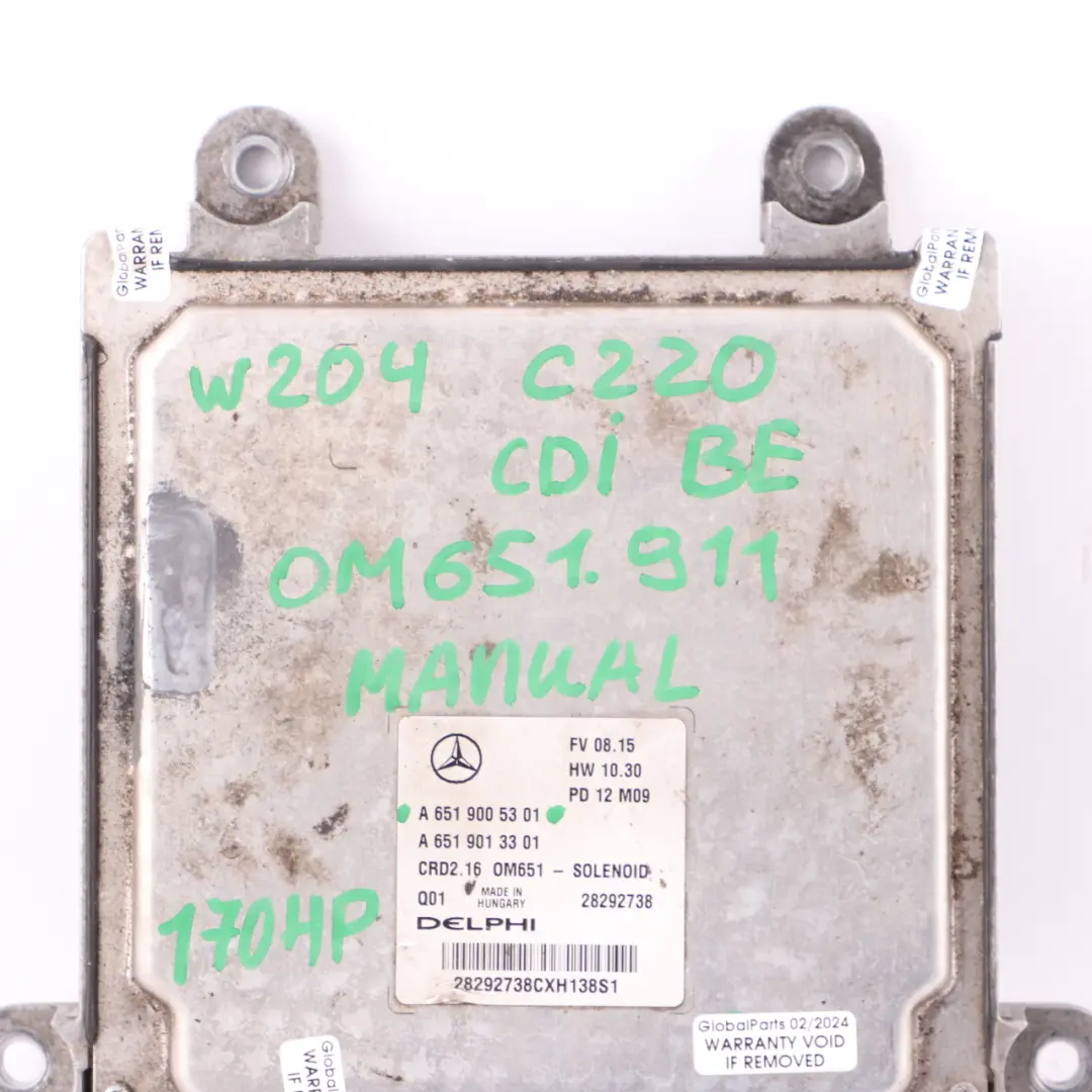 Mercedes W204 C220CDI BlueEFFICIENCY 170HP 651.911 Engine ECU Manual - SKU A6519005301-8 - Part number A6519005301