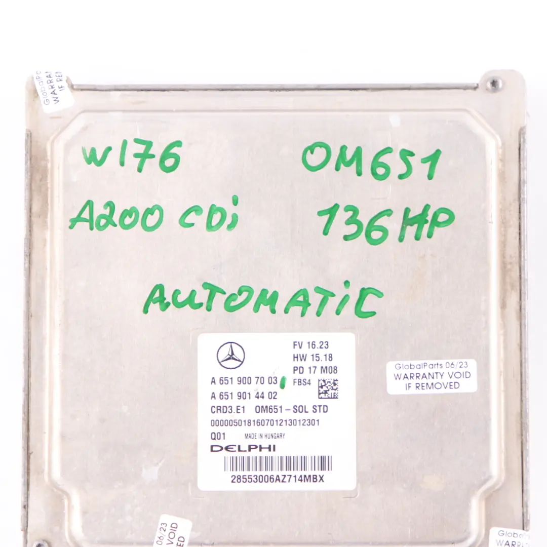 A200 CDI OM651 136HP Engine Module ECU Unit Automatic to Mercedes W176 with Part number A6519007003 Mercedes W176 A200 CDI OM651 136HP Engine Module ECU Unit Automatic - SKU A6519007003 - Part number A6519007003