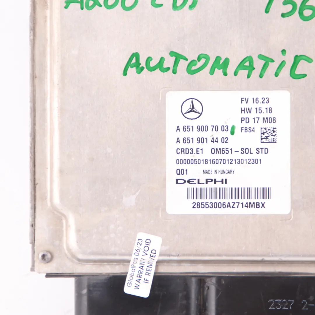 A200 CDI OM651 136HP Motor Módulo ECU Unidad Automátic para Mercedes W176 con número de pieza A6519007003 Mercedes W176 A200 CDI OM651 136HP Motor Módulo ECU Unidad Automátic - SKU A6519007003 - Número de pieza A6519007003