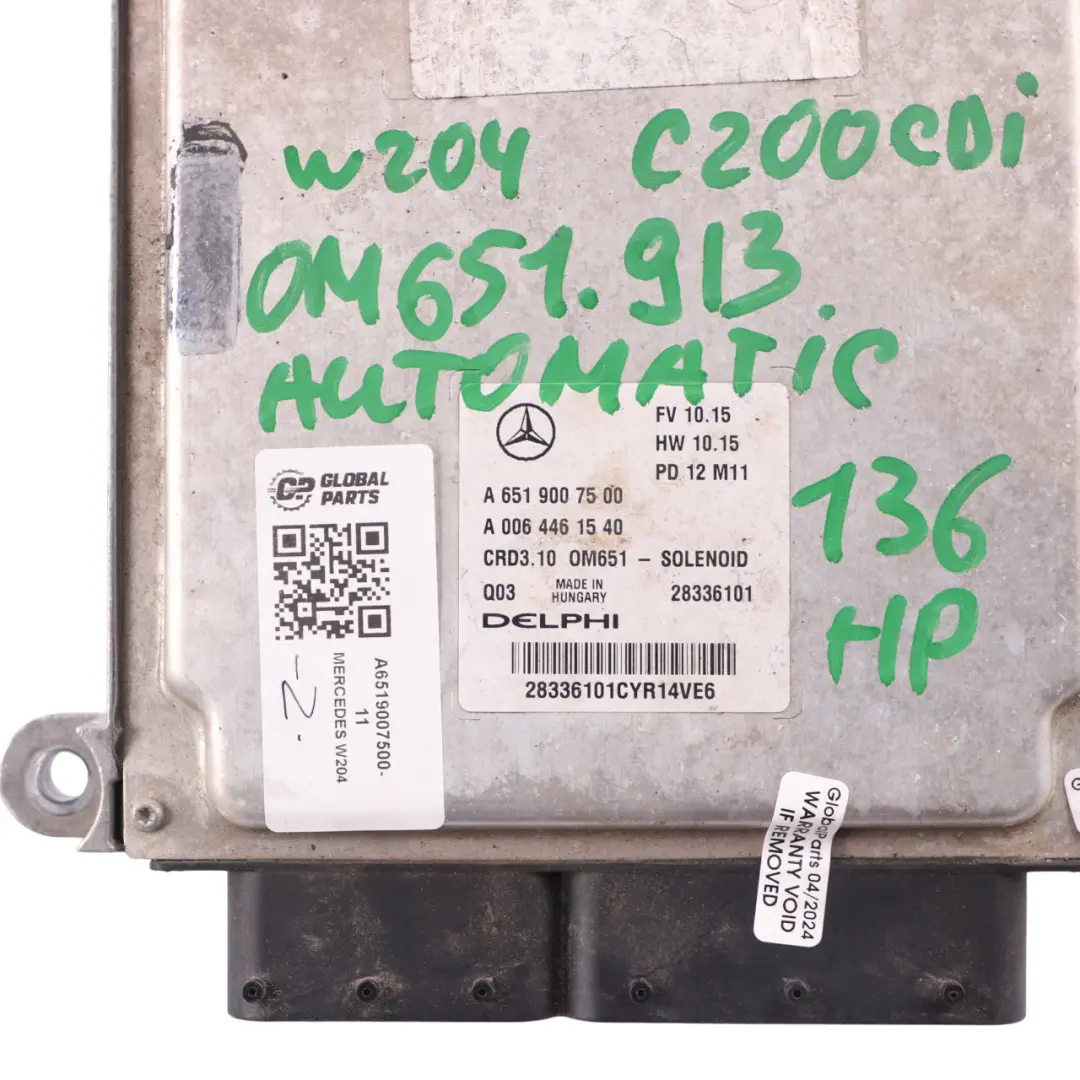 651.913 136HP motore ECU Kit Blocco chiave per Mercedes W204 C 200 CDI con numero di parte A6519007500 Mercedes W204 C 200 CDI 651.913 136HP motore ECU Kit Blocco chiave - SKU A6519007500-11 - Numero di parte A6519007500