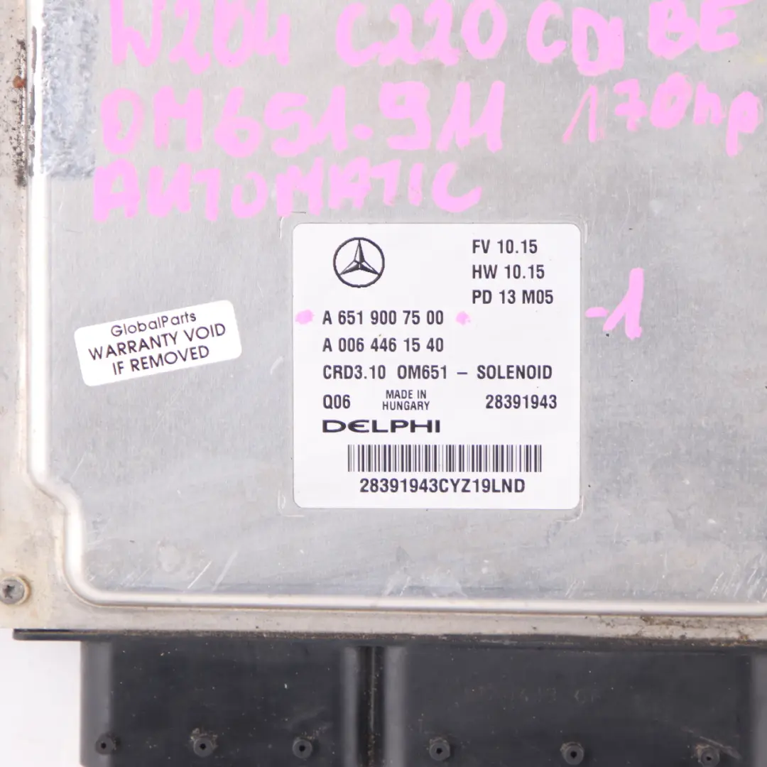 Mercedes W204 C220CDI BlueEFFICIENCY OM651.911 Engine ECU Automatic - SKU A6519007500-1 - Part number A6519007500