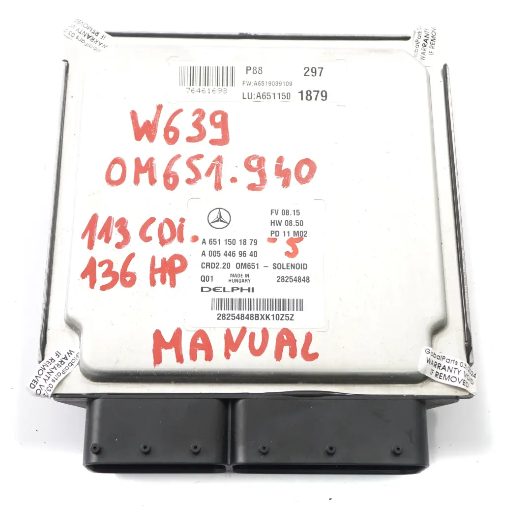 OM651.940 136HP Engine Unit Module ECU Kit Key Manual to Mercedes W639 with Part number A6519009302 Mercedes W639 OM651.940 136HP Engine Unit Module ECU Kit Key Manual - SKU A6519009302-5 - Part number A6519009302