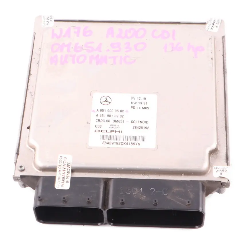 Mercedes W176 A200 CDI OM651.930 136HP Engine Module ECU Automatic - SKU A6519009502 - Part number A6519009502