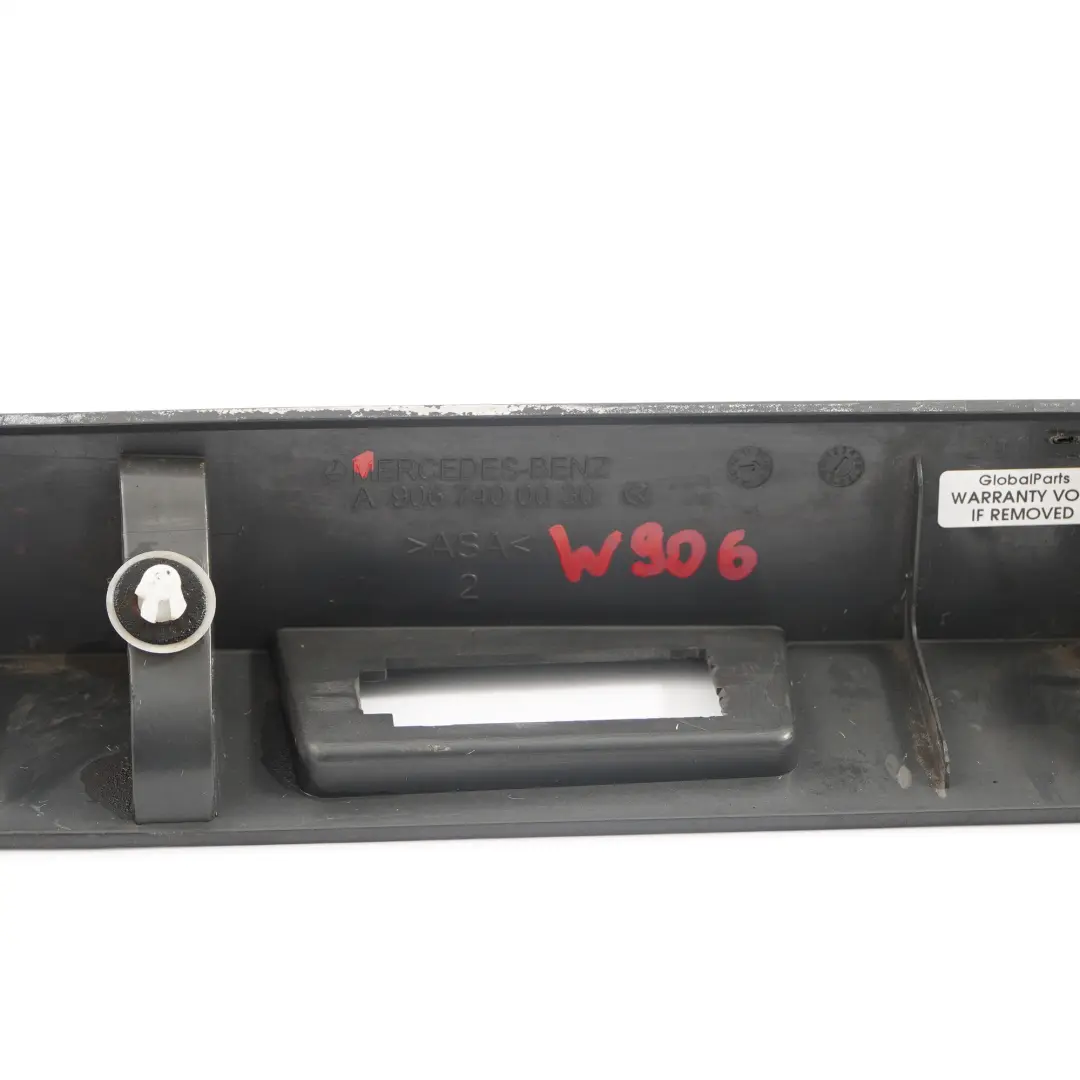 Trunk Trim Cover Panel Registration Plate Lamp Holder to Mercedes W906 with Part number A9067400030 Mercedes W906 Trunk Trim Cover Panel Registration Plate Lamp Holder - SKU A9067400030 - Part number A9067400030