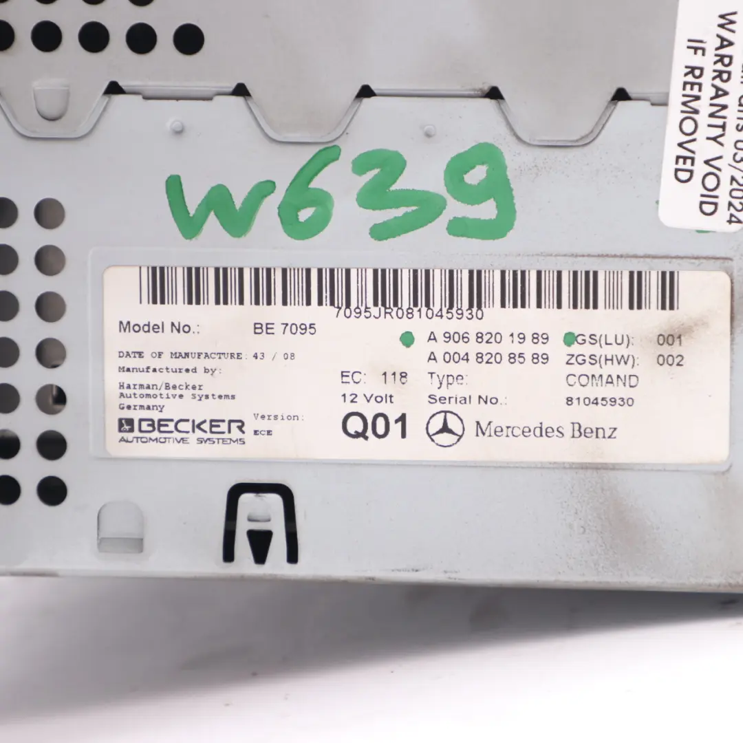 COMAND Navigation Head Unit Radio Sat Nav Screen to Mercedes W639 W906 with Part number A9068201989 Mercedes W639 W906 COMAND Navigation Head Unit Radio Sat Nav Screen - SKU A9068201989 - Part number A9068201989