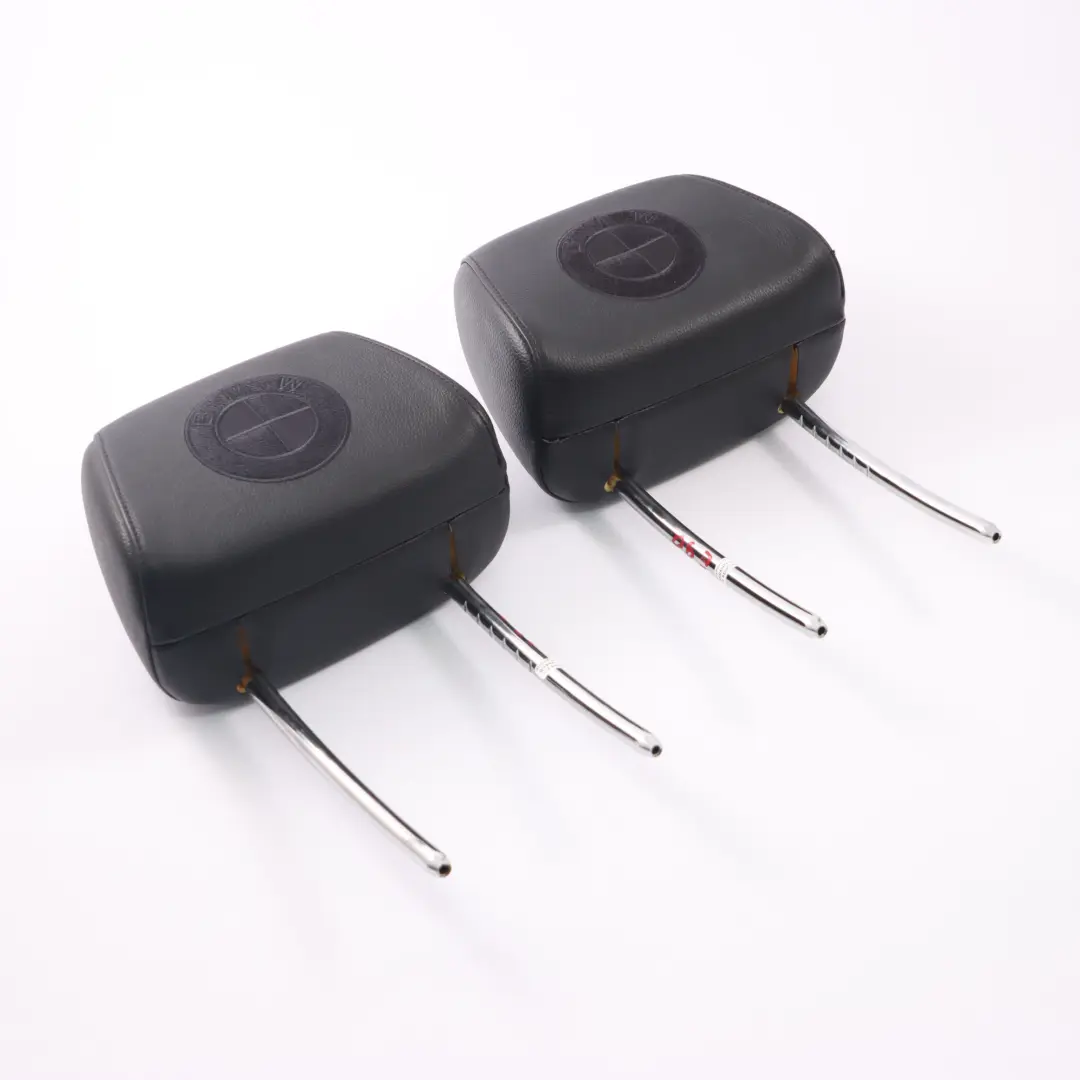BMW E90 Headrest Front Seat Left Right N/O/S Black Imitation Leather BMW Logo - SKU E90 Headrest Set - Part number E90 Headrest Set