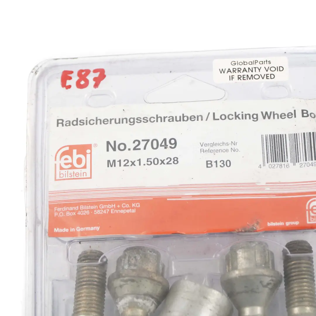 Radschraubensicherung Ecrou de Roue Kit M12x1.5x28 pour BMW E87 à propos du numéro de pièce Febi 27049 BMW E87 Radschraubensicherung Ecrou de Roue Kit M12x1.5x28 - SKU Febi 27049 - Numéro de pièce Febi 27049