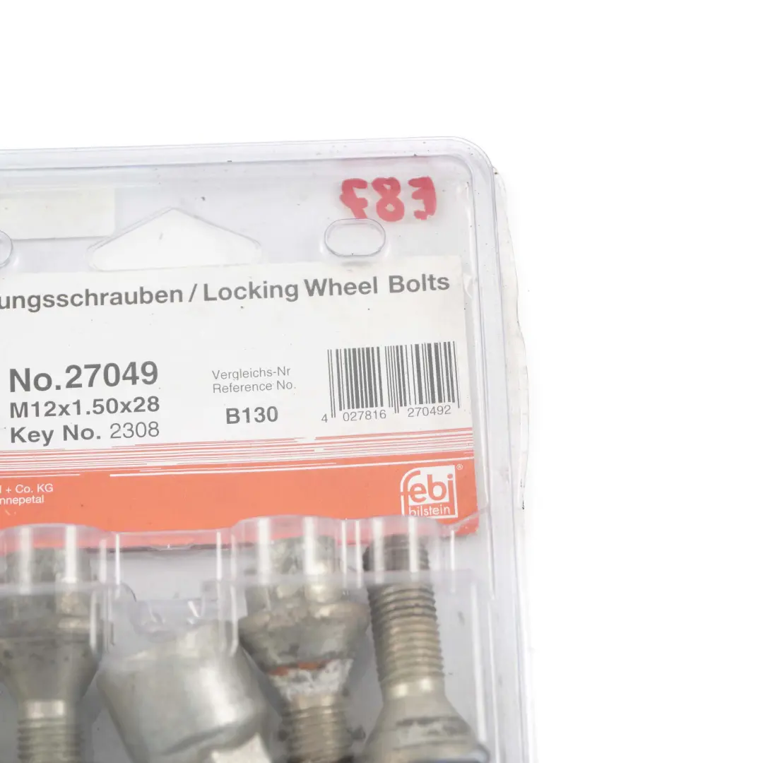 Locking Wheel Bolt Locks Security Nut Set M12x1.5x28 to BMW 1 E87 with Part number Febi 27049 BMW 1 E87 Locking Wheel Bolt Locks Security Nut Set M12x1.5x28 - SKU Febi 27049 - Part number Febi 27049