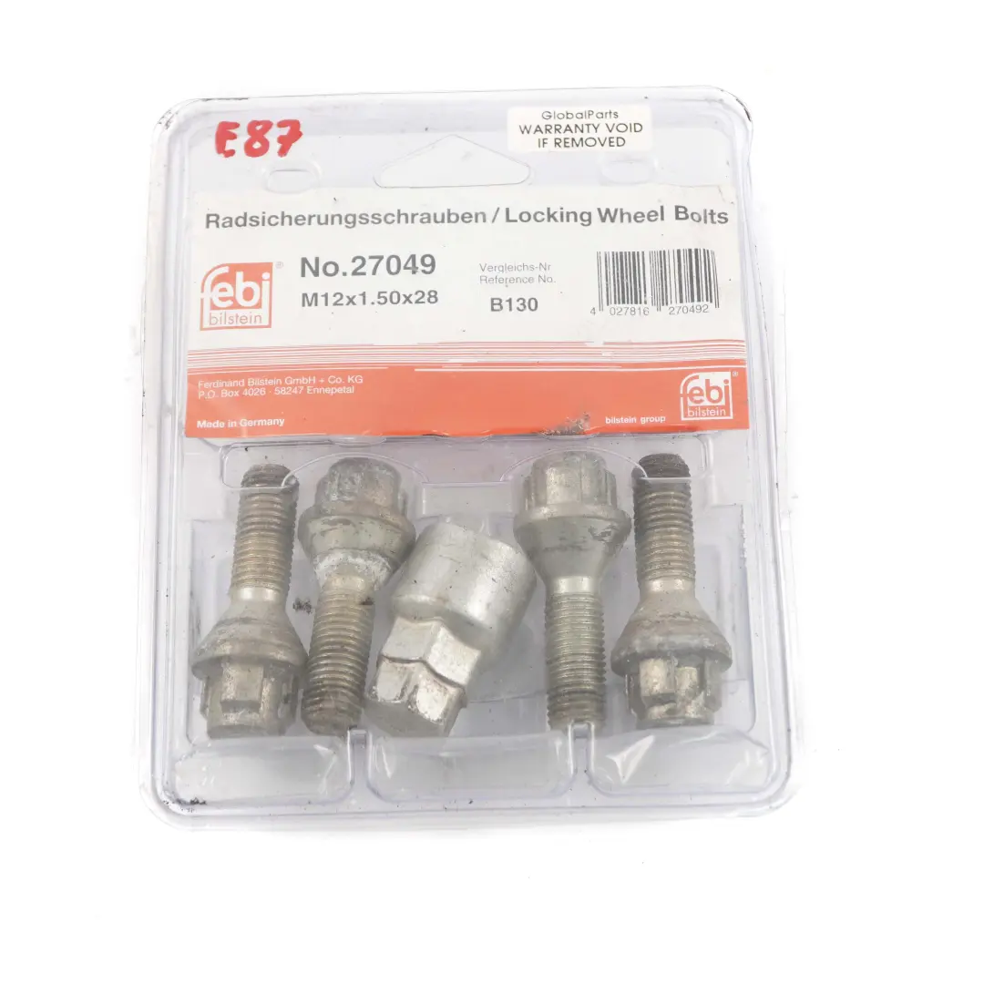 Locking Wheel Bolt Locks Security Nut Set M12x1.5x28 to BMW 1 E87 with Part number Febi 27049 BMW 1 E87 Locking Wheel Bolt Locks Security Nut Set M12x1.5x28 - SKU Febi 27049 - Part number Febi 27049