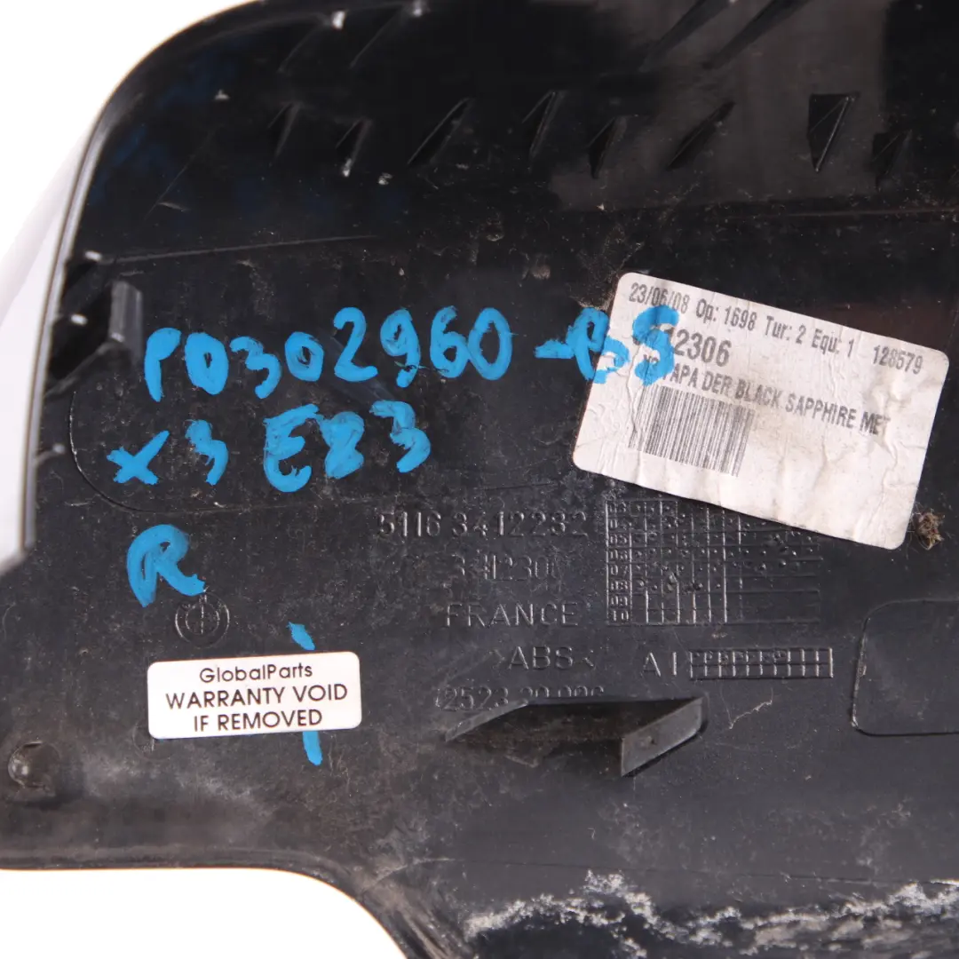 Wing Mirror Cover Cap Trim Casing Right O/S Black Sapphire 475 to BMW X3 E83 with Part number 0302960 BMW X3 E83 Wing Mirror Cover Cap Trim Casing Right O/S Black Sapphire 475 - SKU P0302960-BS - Part number 0302960