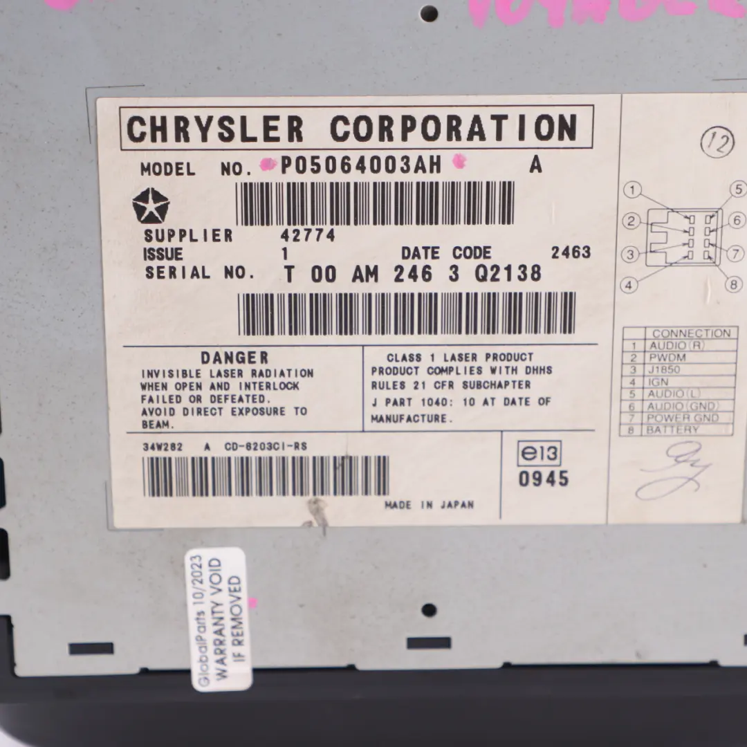 6-disc CD Changer Control Unit Module to Chrysler Grand Voyager with Part number P05064003AH Chrysler Grand Voyager 6-disc CD Changer Control Unit Module - SKU P05064003AH - Part number P05064003AH