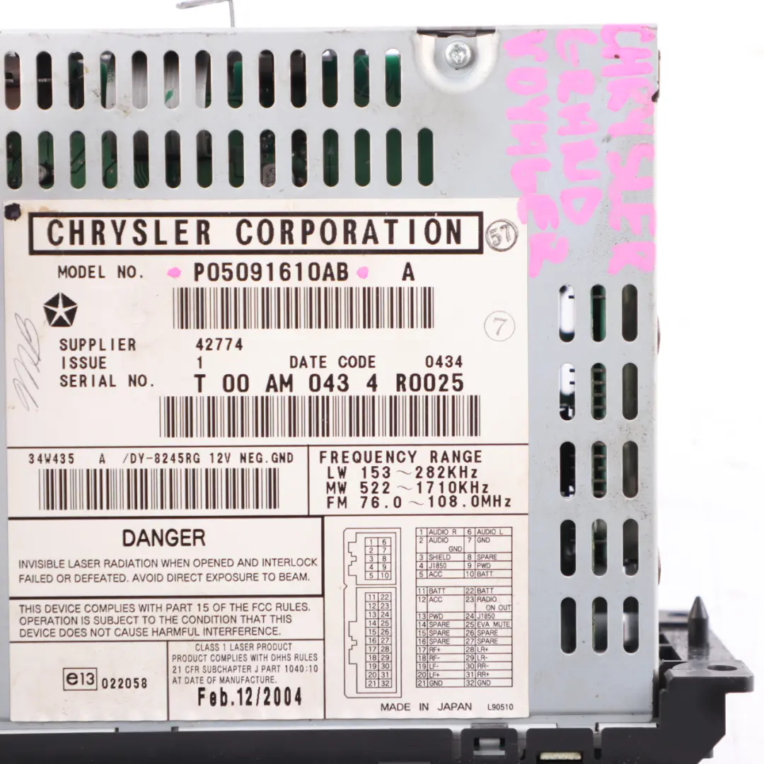 Radio With 5-Disc CD Changer Control Module to Chrysler Grand Voyager with Part number P05091610AB Chrysler Grand Voyager Radio With 5-Disc CD Changer Control Module - SKU P05091610AB - Part number P05091610AB