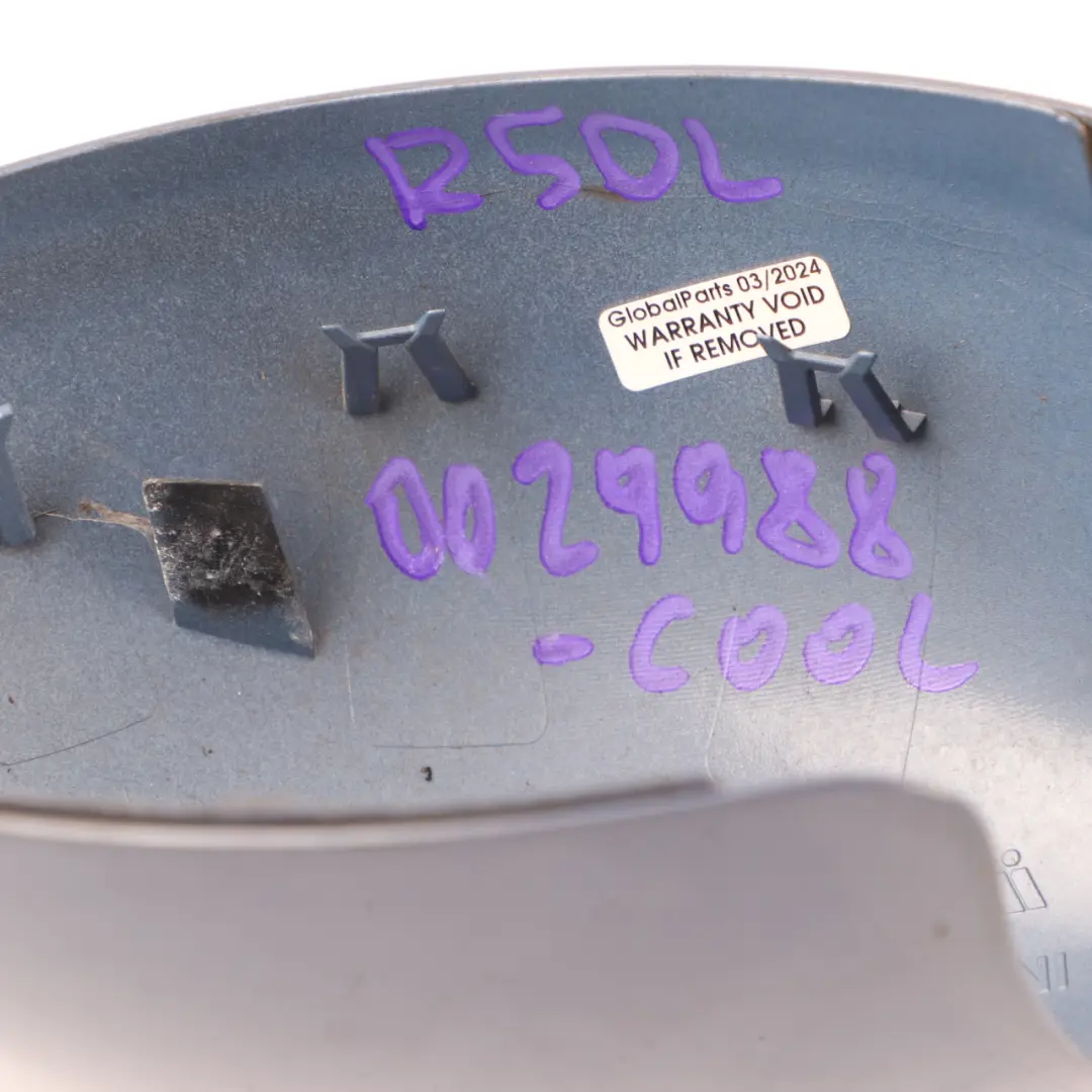 Wing Mirror Cover Mini R50 R53 Door Left N/S Outside Cool Blue Metallic A27 to with Part number 0029988 Wing Mirror Cover Mini R50 R53 Door Left N/S Outside Cool Blue Metallic A27 - SKU rhd-0029988-COOL - Part number 0029988