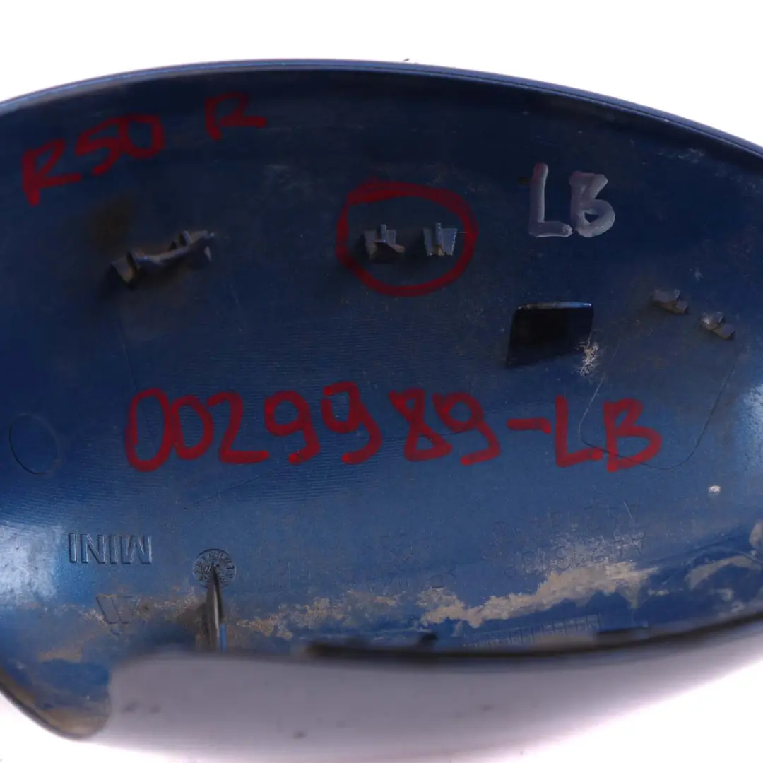 Cap Casing Right O/S Mirror Wing Lightning Blue to Mini Cooper R50 R52 R53 Cover with Part number 0029989 Mini Cooper R50 R52 R53 Cover Cap Casing Right O/S Mirror Wing Lightning Blue - SKU rhd-0029989-LB - Part number 0029989