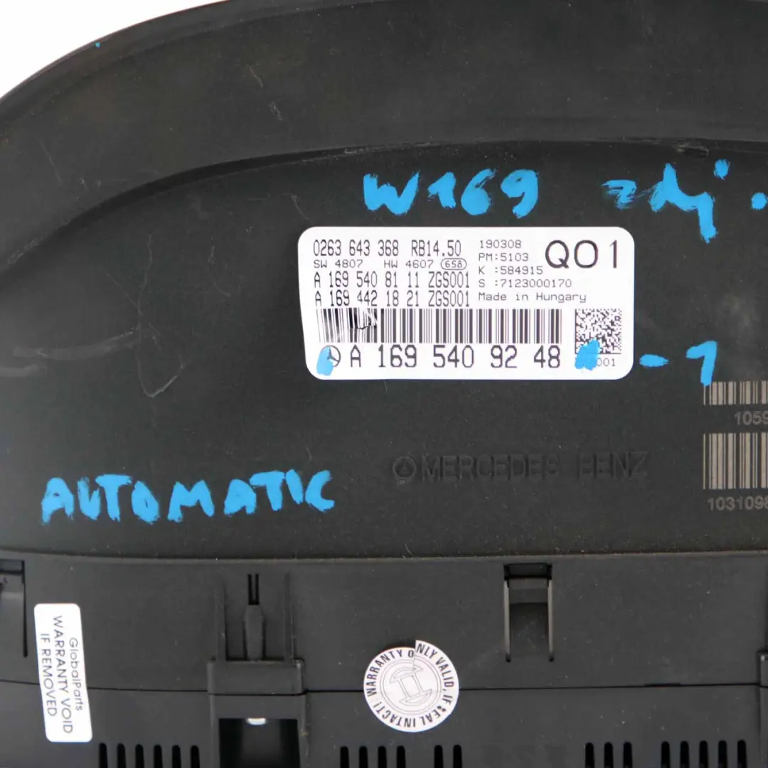 Mercedes W169 Instrument Cluster Speedo Clocks Automatic - SKU rhd-1695409248-1 - Part number A1695409248
