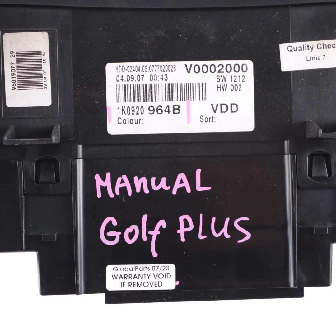 Instrument Cluster Speedo Clocks Meter Manual to VW Golf Plus 5 Diesel with Part number 1K0920964B VW Golf Plus 5 Diesel Instrument Cluster Speedo Clocks Meter Manual - SKU rhd-1K0920964B - Part number 1K0920964B