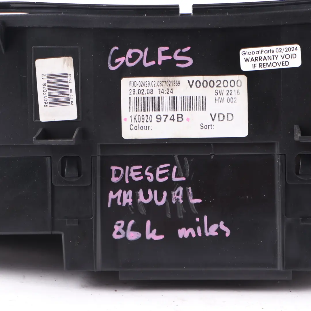 Instrument Cluster Speedo Clocks Manual to Volkswagen Golf 5 Diesel with Part number 1K0920974B Volkswagen Golf 5 Diesel Instrument Cluster Speedo Clocks Manual - SKU rhd-1K0920974B - Part number 1K0920974B