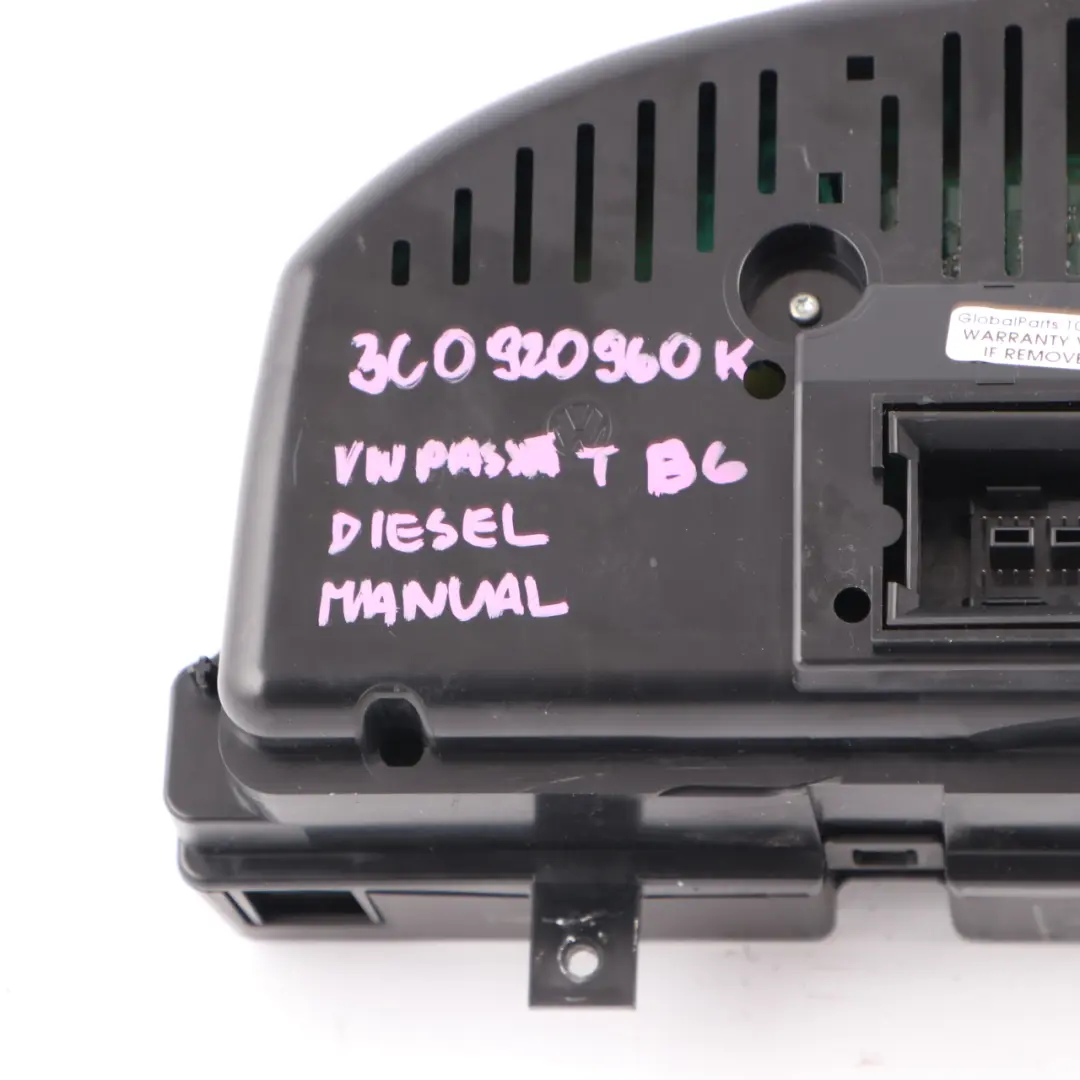 Instrument Cluster Speedo Clocks Manual to Volkswagen Passat B6 Diesel with Part number 3C0920860K Volkswagen Passat B6 Diesel Instrument Cluster Speedo Clocks Manual - SKU rhd-3C0920860K - Part number 3C0920860K
