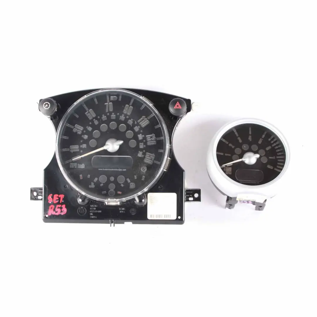 Instrument Cluster Set Mini R50 Speedometer Rev Clock Black Manual to with Part number 6932506 Instrument Cluster Set Mini R50 Speedometer Rev Clock Black Manual - SKU rhd-6932506-SET - Part number 6932506