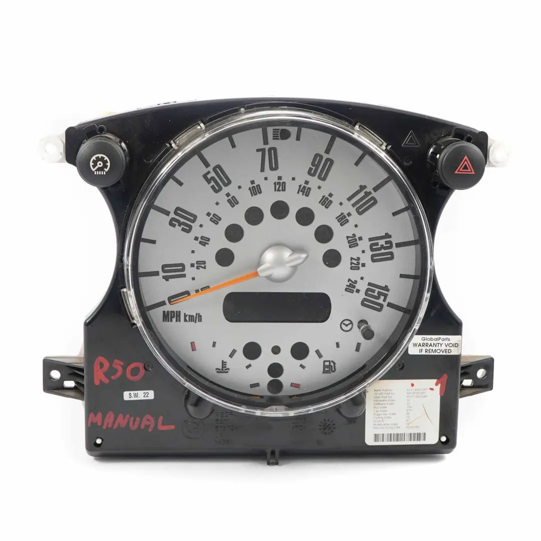 Speedometer Speedo Clock Instrument Cluster Manual 6957297 to Mini One R50 R52 with Part number 6918352 Mini One R50 R52 Speedometer Speedo Clock Instrument Cluster Manual 6957297 - SKU rhd-6957297-1 - Part number 6918352