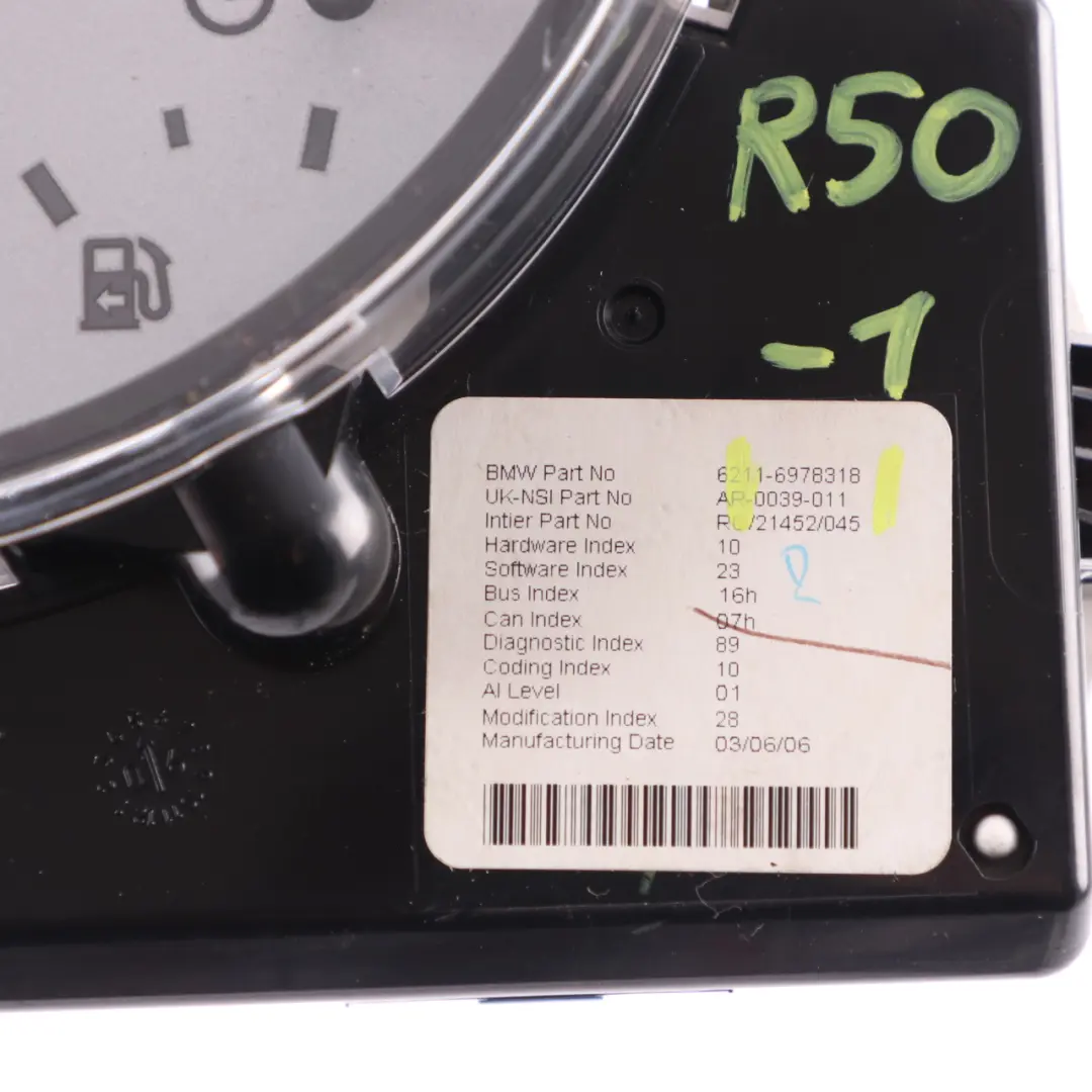 Speedometer Speedo Clock Instrument Cluster Manual to Mini Cooper R50 R52 with Part number 6978318 Mini Cooper R50 R52 Speedometer Speedo Clock Instrument Cluster Manual - SKU rhd-6978318-1 - Part number 6978318