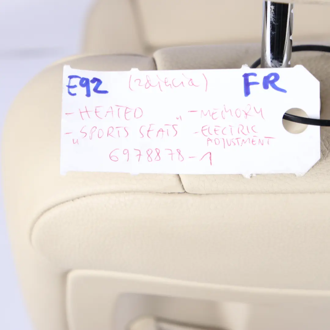 Front Right O/S Creambeige Beige Leather Seat Heated Memory to BMW E92 M Sport with Part number 6978878 BMW E92 M Sport Front Right O/S Creambeige Beige Leather Seat Heated Memory - SKU rhd-6978878 - Part number 6978878