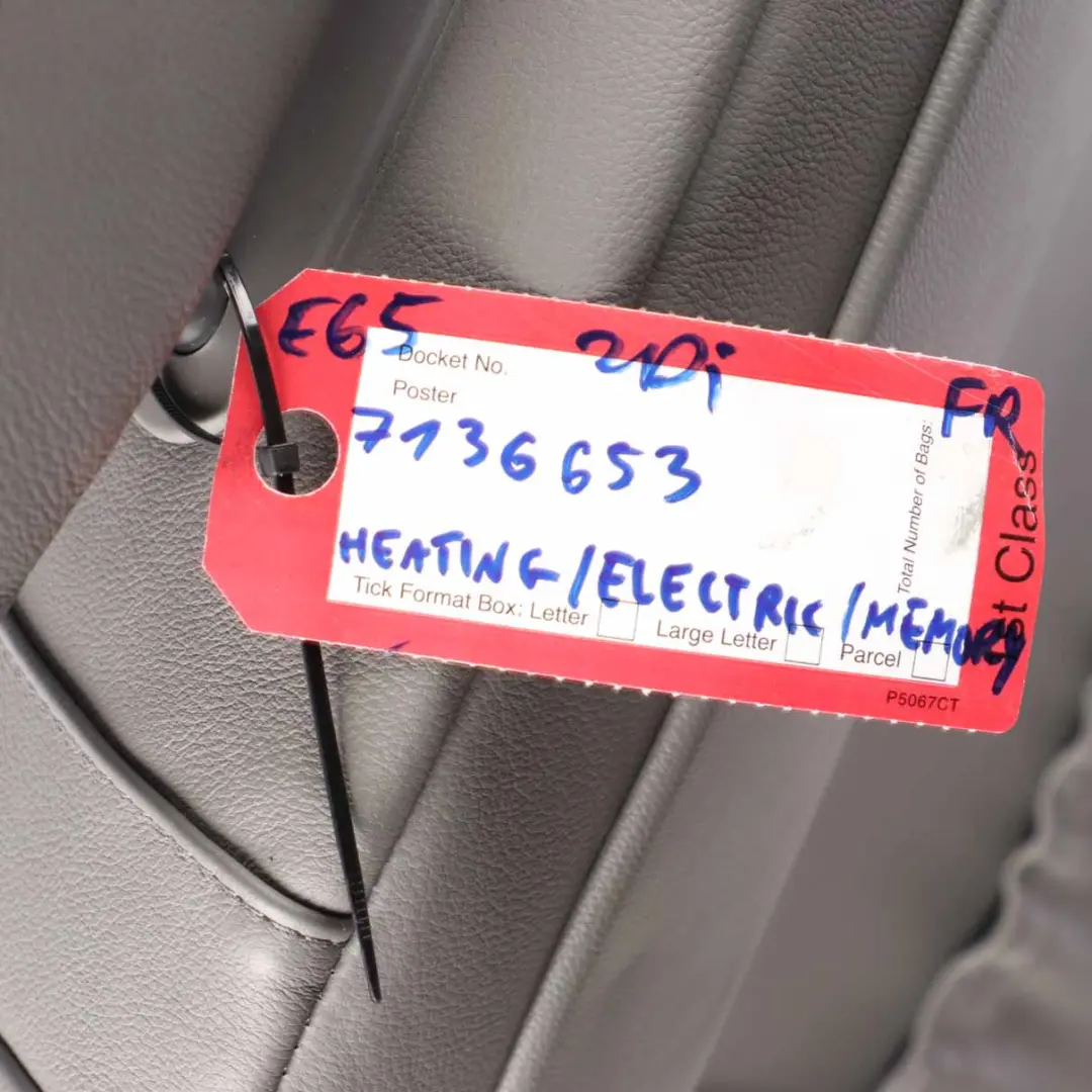 Front Seat BMW E65 Right O/S Heated Flanell-Grau Leather Nasca Memory to with Part number 7136653 Front Seat BMW E65 Right O/S Heated Flanell-Grau Leather Nasca Memory - SKU rhd-7136653-1 - Part number 7136653