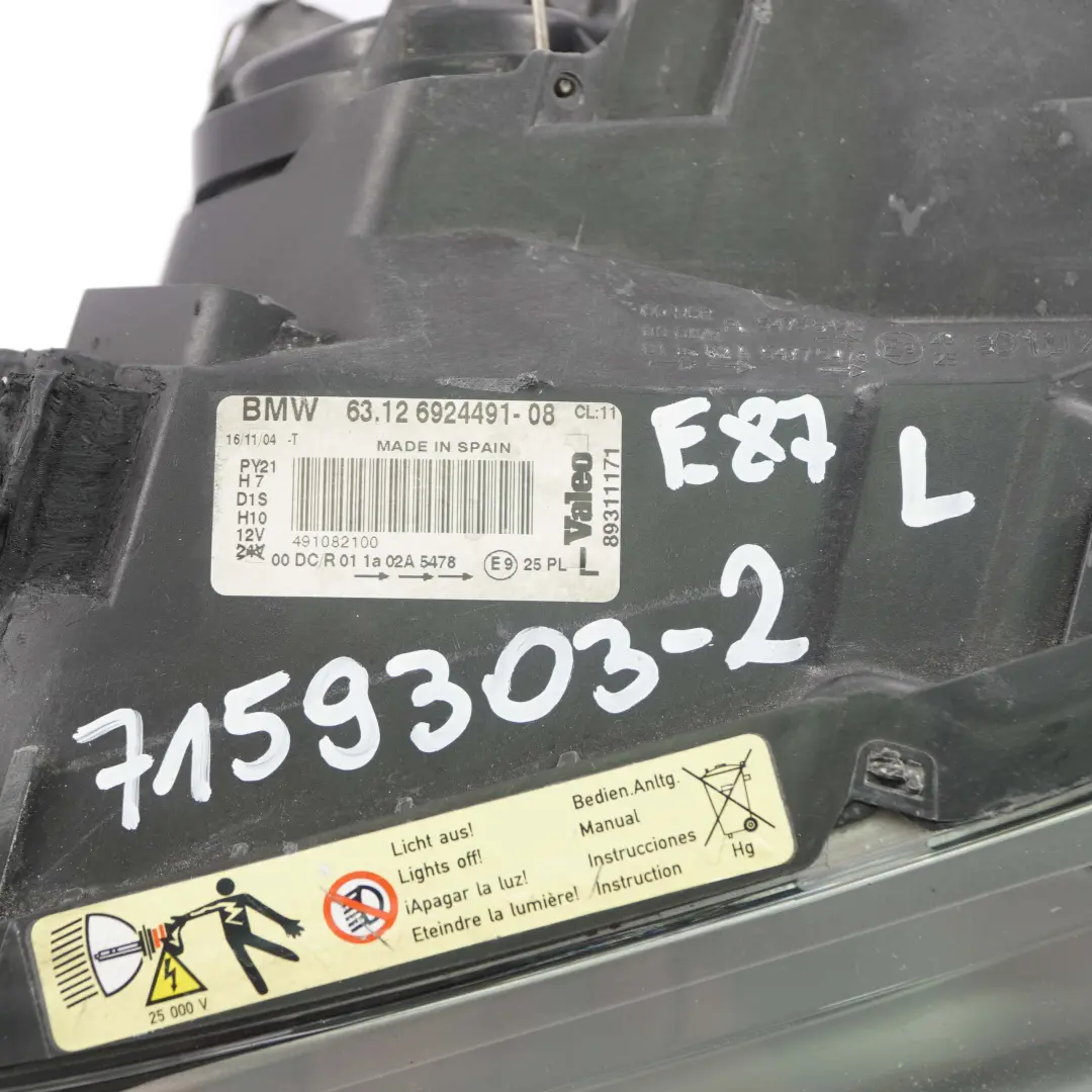 Bi-Xenon Headlight Headlamp Passenger Lamp Left N/S 6924491 to BMW 1 Series E87 with Part number 7159303 BMW 1 Series E87 Bi-Xenon Headlight Headlamp Passenger Lamp Left N/S 6924491 - SKU rhd-7159303-2 - Part number 7159303