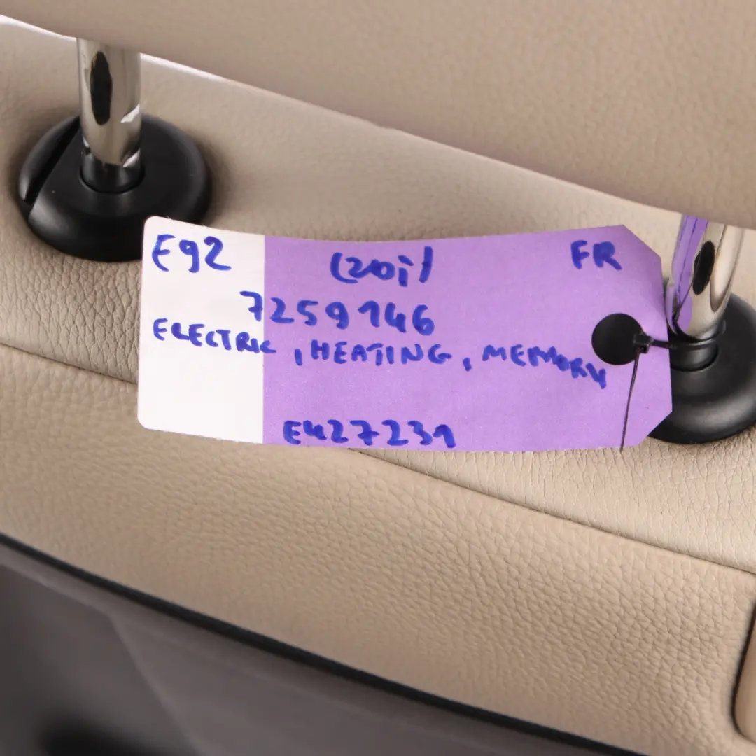 Front Seat BMW E92 LCI Coupe M Sport Right O/S Heated Oyster Leather Memory to with Part number 7259146 Front Seat BMW E92 LCI Coupe M Sport Right O/S Heated Oyster Leather Memory - SKU rhd-7259146-1 - Part number 7259146