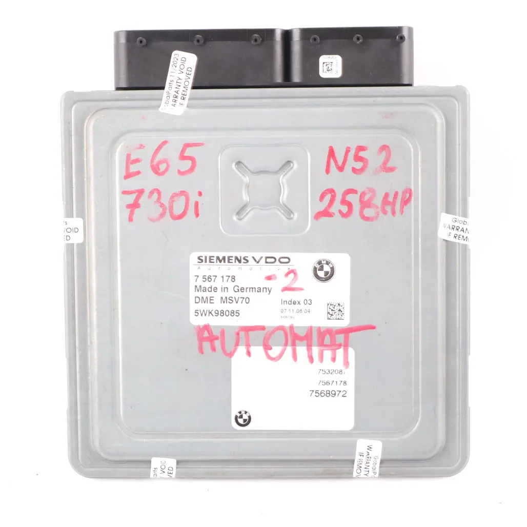 N52 730i 258HP Engine ECU Kit DME CAS Key Automatic Transmission to BMW E65 with Part number 7567178 BMW E65 N52 730i 258HP Engine ECU Kit DME CAS Key Automatic Transmission - SKU rhd-7567178-2 - Part number 7567178